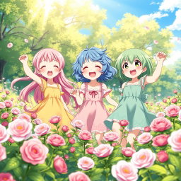 Three cute and friendly anime girls, around 12 years old, playing joyfully in a meadow full of blooming roses