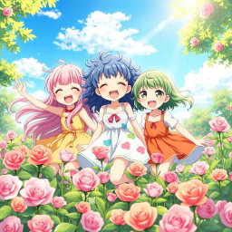 Three cute and friendly anime girls, around 12 years old, playing joyfully in a meadow full of blooming roses
