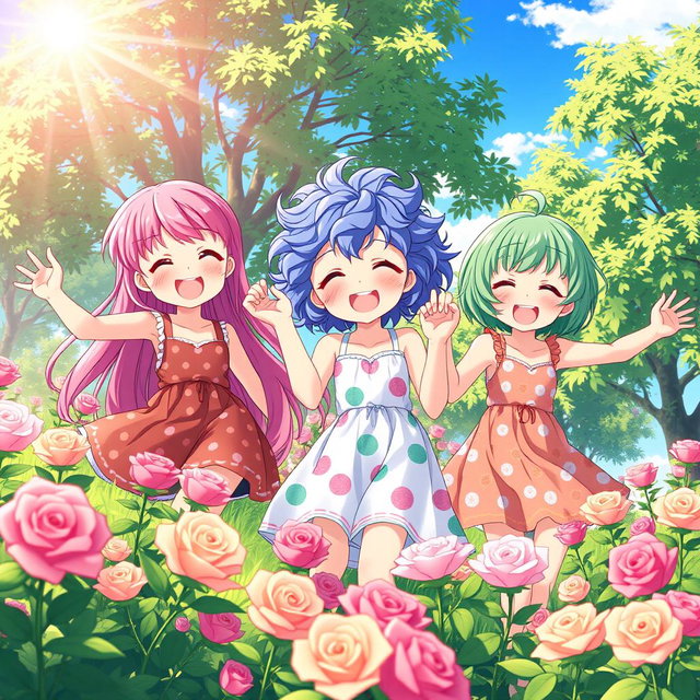 Three cute and friendly anime girls, around 12 years old, playing joyfully in a meadow full of blooming roses