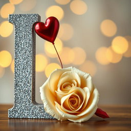 A large, glittery, silver capital letter 'L' adorned with two red hearts, one larger than the other, connected to it