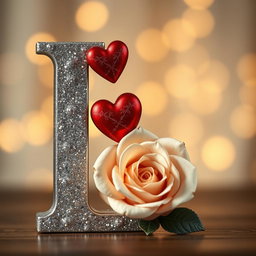 A large, glittery, silver capital letter 'L' adorned with two red hearts, one larger than the other, connected to it