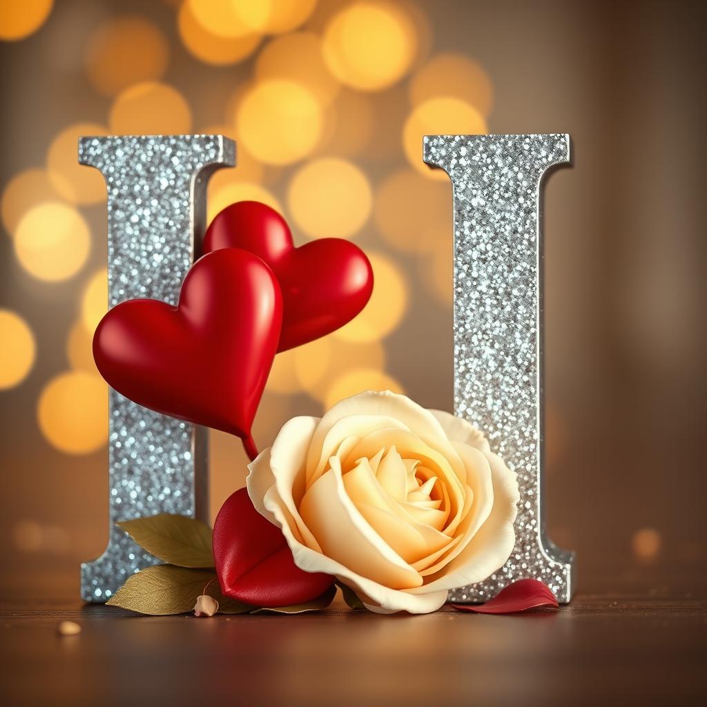 A large, glittery, silver capital letter 'L' adorned with two red hearts, one larger than the other, connected to it