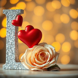A large, glittery, silver capital letter 'L' adorned with two red hearts, one larger than the other, connected to it