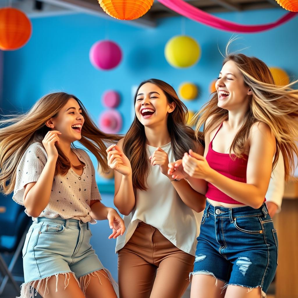 Three beautiful and friendly girls are enjoying music together, laughing and dancing joyfully