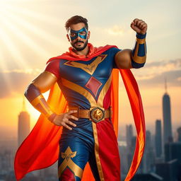 A heroic depiction of Amir Ali as a superhero, wearing a vibrant, custom-designed costume that blends traditional elements with a modern superhero aesthetic