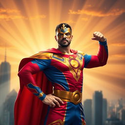 A heroic depiction of Amir Ali as a superhero, wearing a vibrant, custom-designed costume that blends traditional elements with a modern superhero aesthetic