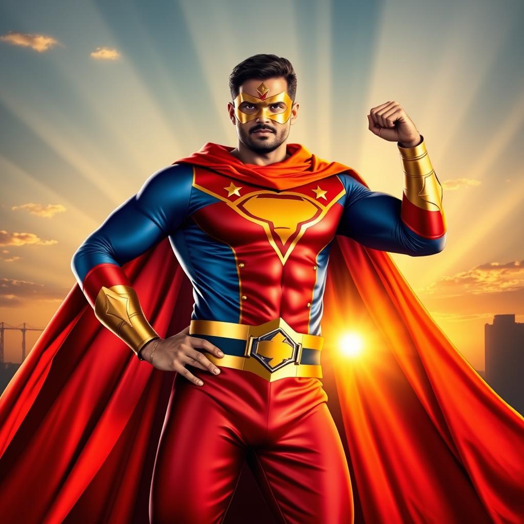 A heroic depiction of Amir Ali as a superhero, wearing a vibrant, custom-designed costume that blends traditional elements with a modern superhero aesthetic