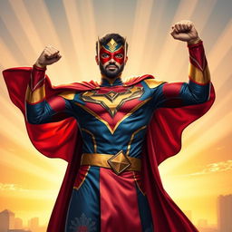 A heroic depiction of Amir Ali as a superhero, wearing a vibrant, custom-designed costume that blends traditional elements with a modern superhero aesthetic