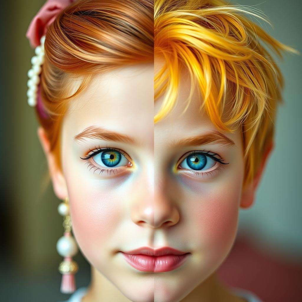 A portrait of a split face showcasing a girl on one side and a boy on the other