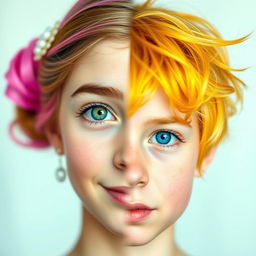 A portrait of a split face showcasing a girl on one side and a boy on the other