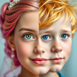 A portrait of a split face showcasing a girl on one side and a boy on the other