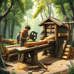 A detailed and vibrant depiction of a human-powered sawmill in action, showcasing a rustic environment