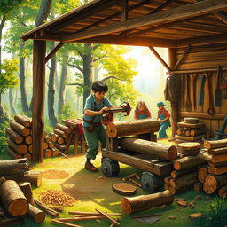 A detailed and vibrant depiction of a human-powered sawmill in action, showcasing a rustic environment