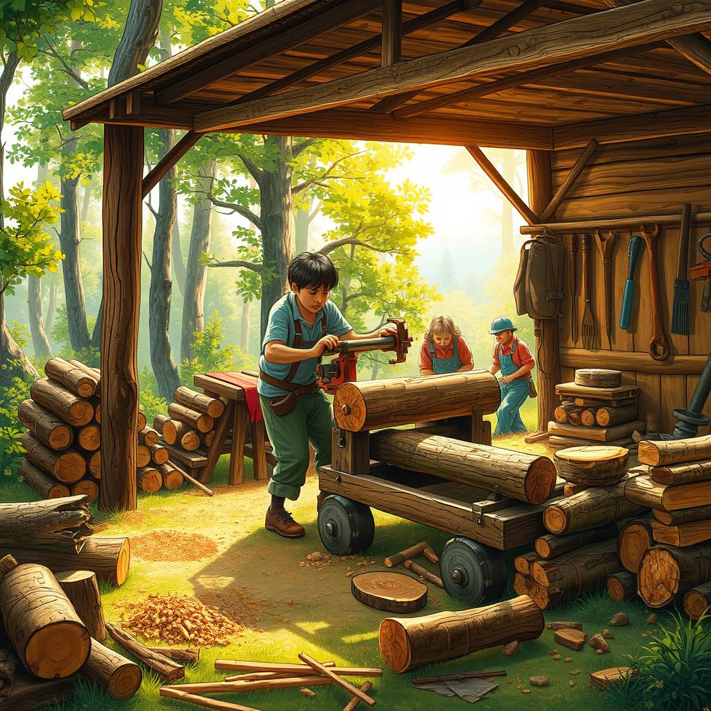 A detailed and vibrant depiction of a human-powered sawmill in action, showcasing a rustic environment