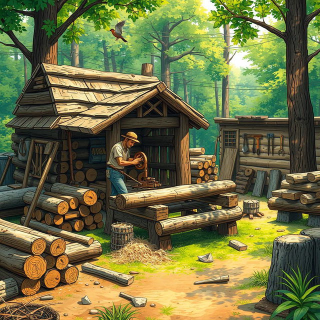 A detailed and vibrant depiction of a human-powered sawmill in action, showcasing a rustic environment