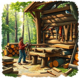 A detailed and vibrant depiction of a human-powered sawmill in action, showcasing a rustic environment