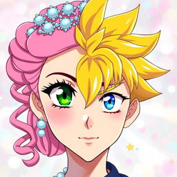 Anime-style portrait of a split face featuring a girl on one side and a boy on the other