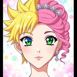 Anime-style portrait of a split face featuring a girl on one side and a boy on the other