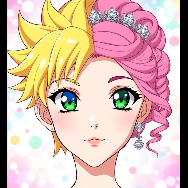 Anime-style portrait of a split face featuring a girl on one side and a boy on the other