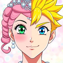 Anime-style portrait of a split face featuring a girl on one side and a boy on the other