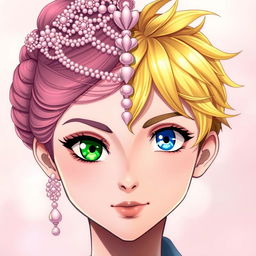 A realistic anime-style portrait of a split face featuring a girl on one side and a boy on the other