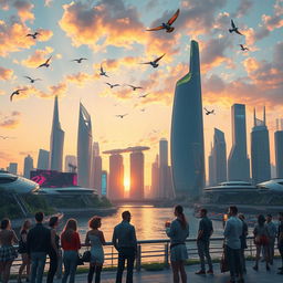 A futuristic cityscape at sunset, featuring sleek skyscrapers with neon lights reflecting on a river