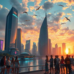 A futuristic cityscape at sunset, featuring sleek skyscrapers with neon lights reflecting on a river