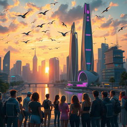 A futuristic cityscape at sunset, featuring sleek skyscrapers with neon lights reflecting on a river