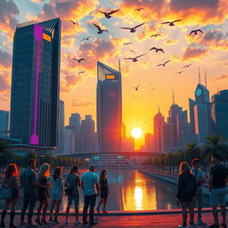 A futuristic cityscape at sunset, featuring sleek skyscrapers with neon lights reflecting on a river