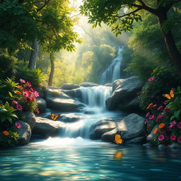 An ultra-realistic scene depicting a serene forest waterfall surrounded by lush greenery and vibrant flowers