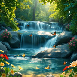 An ultra-realistic scene depicting a serene forest waterfall surrounded by lush greenery and vibrant flowers