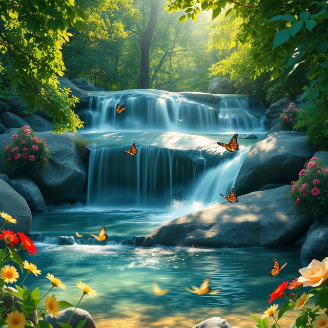 An ultra-realistic scene depicting a serene forest waterfall surrounded by lush greenery and vibrant flowers