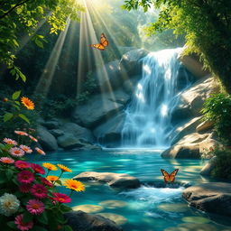 An ultra-realistic scene depicting a serene forest waterfall surrounded by lush greenery and vibrant flowers
