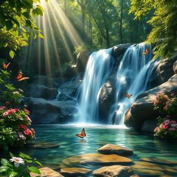 An ultra-realistic scene depicting a serene forest waterfall surrounded by lush greenery and vibrant flowers