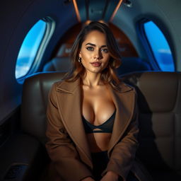 A sexy 30-year-old woman sitting in the luxurious cabin of an airplane, elegantly dressed in a coat over a sheer top that subtly reveals her curves