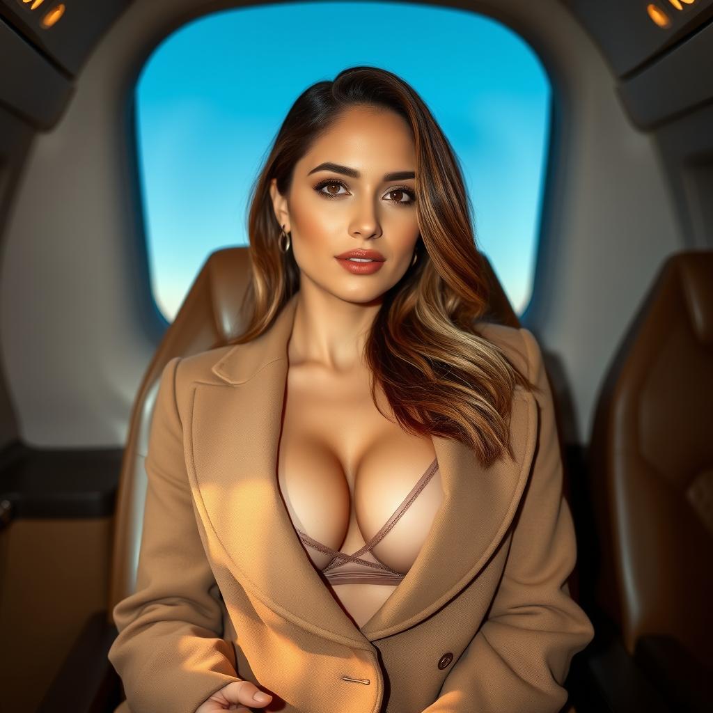 A sexy 30-year-old woman sitting in the luxurious cabin of an airplane, elegantly dressed in a coat over a sheer top that subtly reveals her curves
