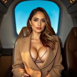 A sexy 30-year-old woman sitting in the luxurious cabin of an airplane, elegantly dressed in a coat over a sheer top that subtly reveals her curves