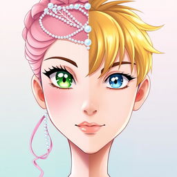 A realistic anime-style portrait of a split face featuring a girl on one side and a boy on the other