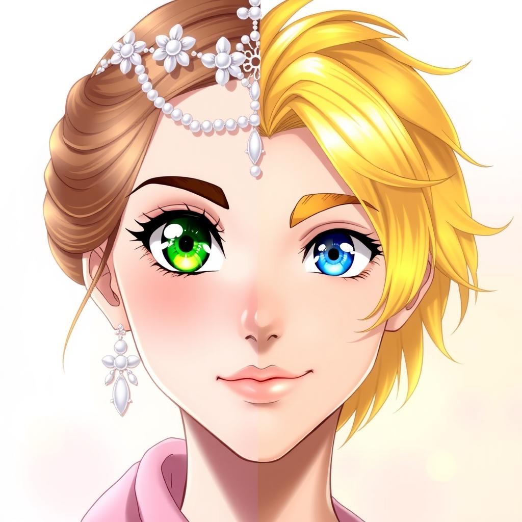 A realistic anime-style portrait of a split face featuring a girl on one side and a boy on the other