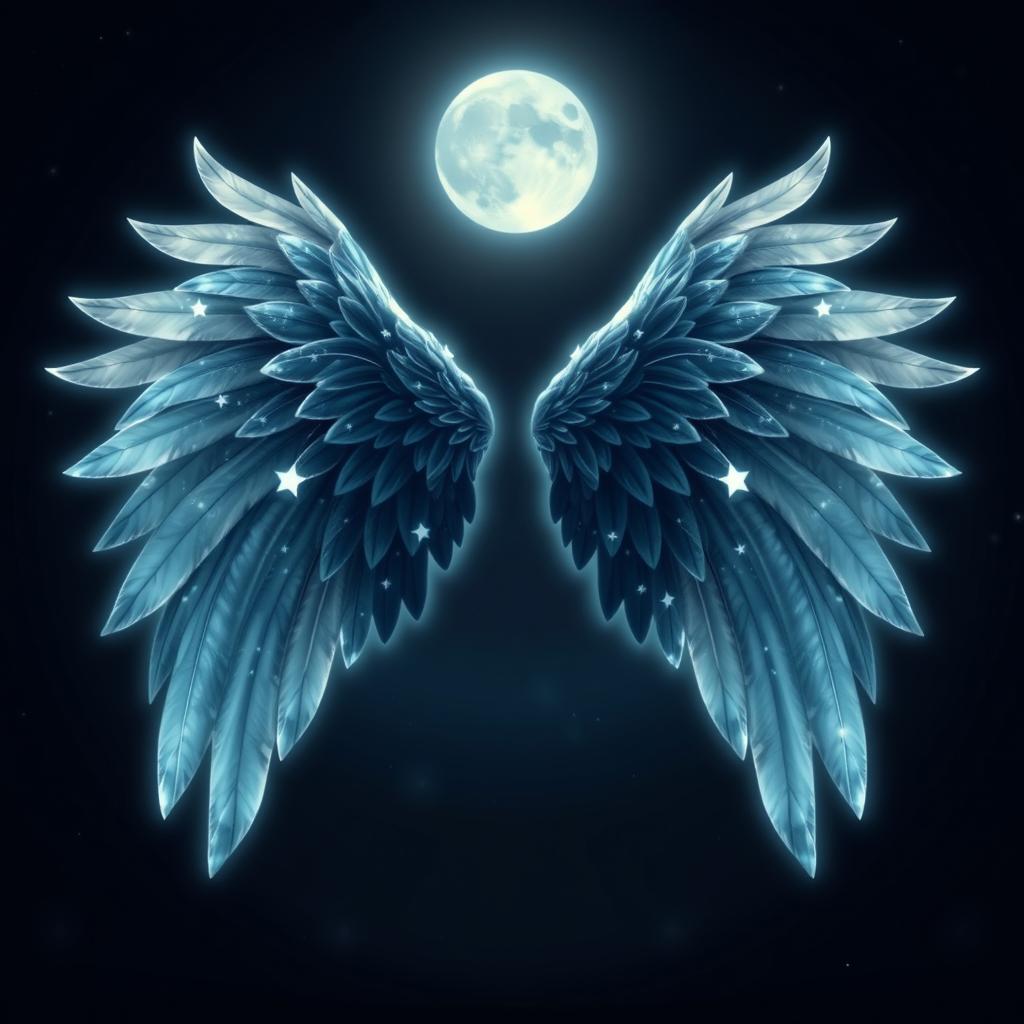 A pair of beautifully detailed angel wings, designed with a theme of shadow, moonlight, and ethereal beauty