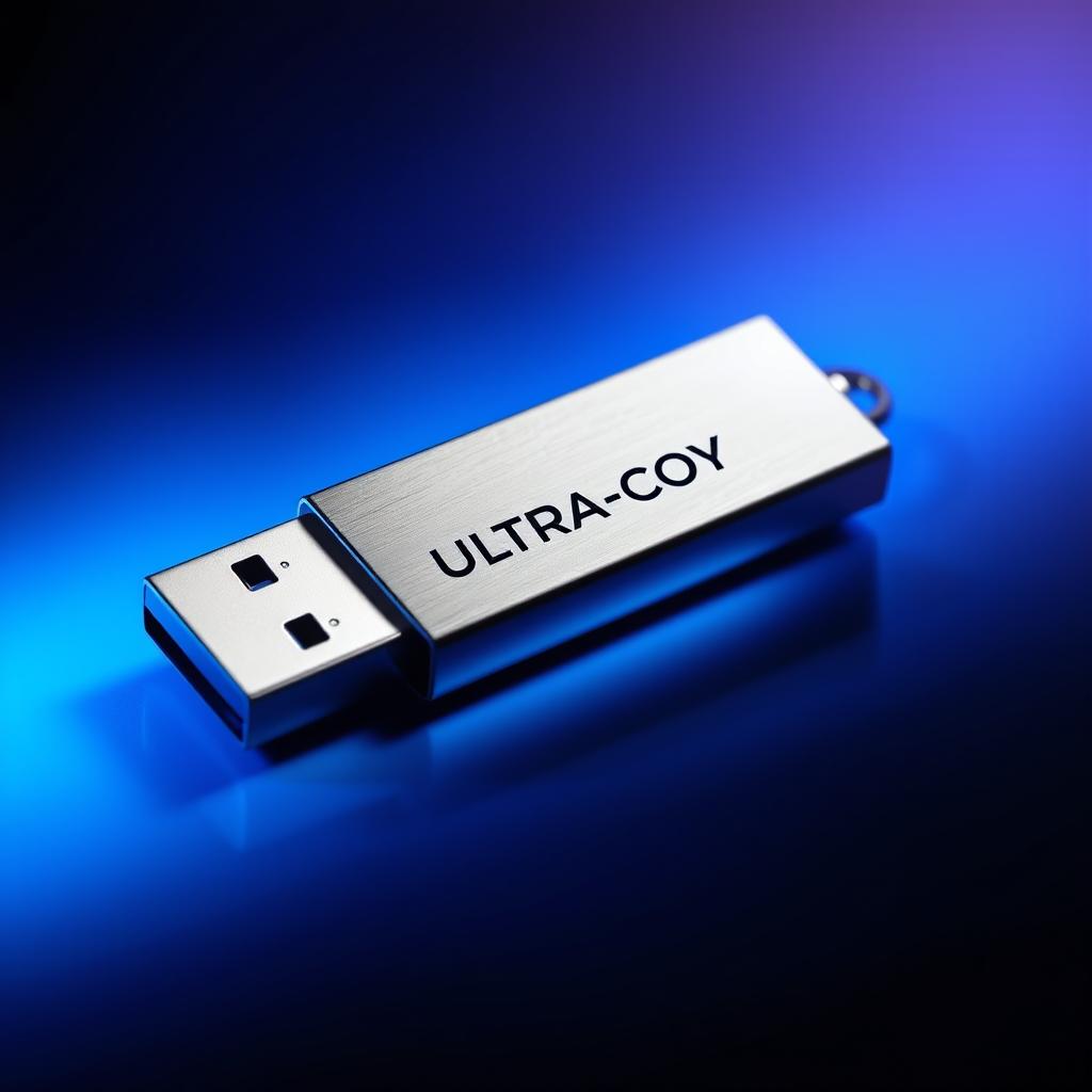 A visually striking composition featuring a ULTRA-COPY logo prominently displayed on a modern USB flash drive