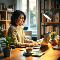 A cozy home office scene showcasing a woman in her mid-30s working on a sleek laptop