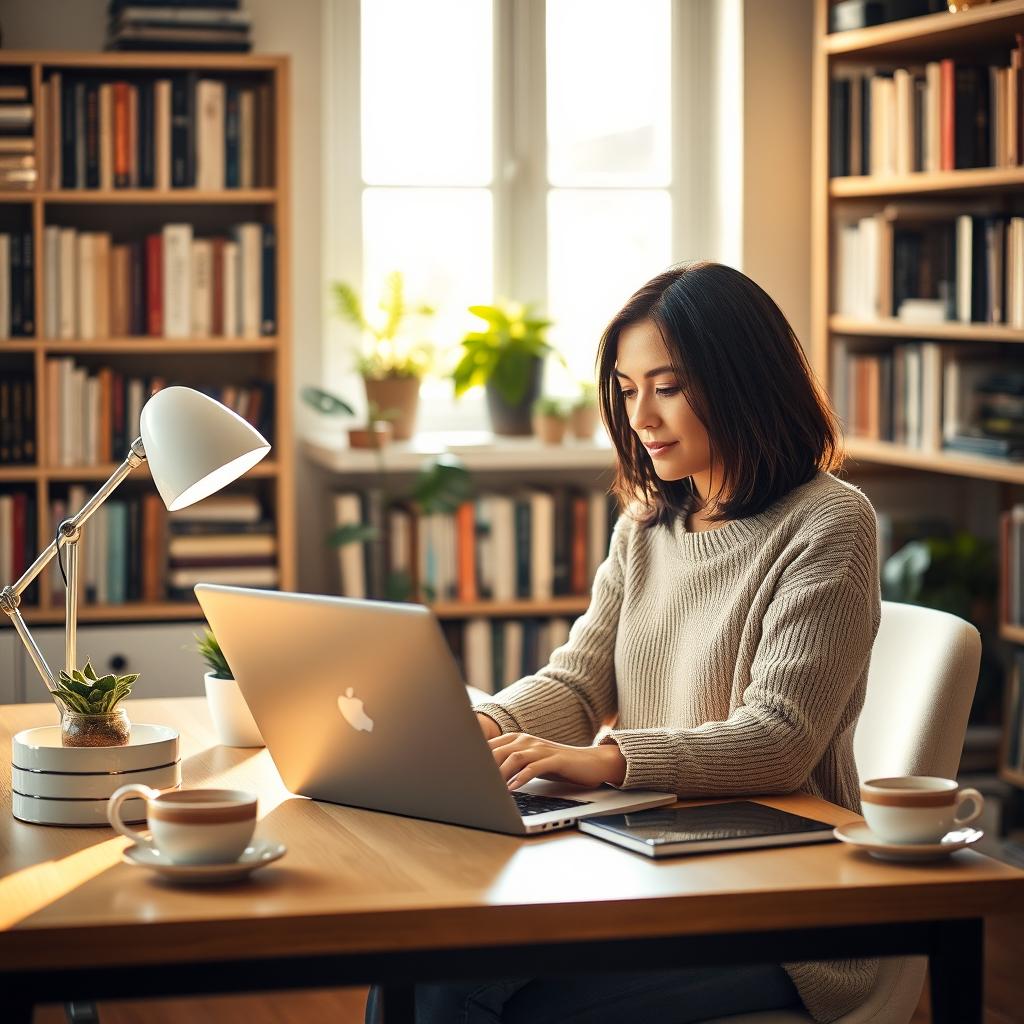 A cozy home office scene showcasing a woman in her mid-30s working on a sleek laptop