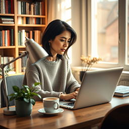 A cozy home office scene showcasing a woman in her mid-30s working on a sleek laptop