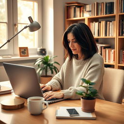 A cozy home office scene showcasing a woman in her mid-30s working on a sleek laptop