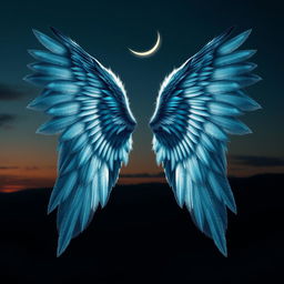 A breathtaking set of angel wings themed around shadow and moonlight, featuring intricate feather textures resembling the night sky with shades of deep blue and silver
