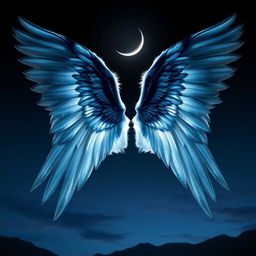 A breathtaking set of angel wings themed around shadow and moonlight, featuring intricate feather textures resembling the night sky with shades of deep blue and silver