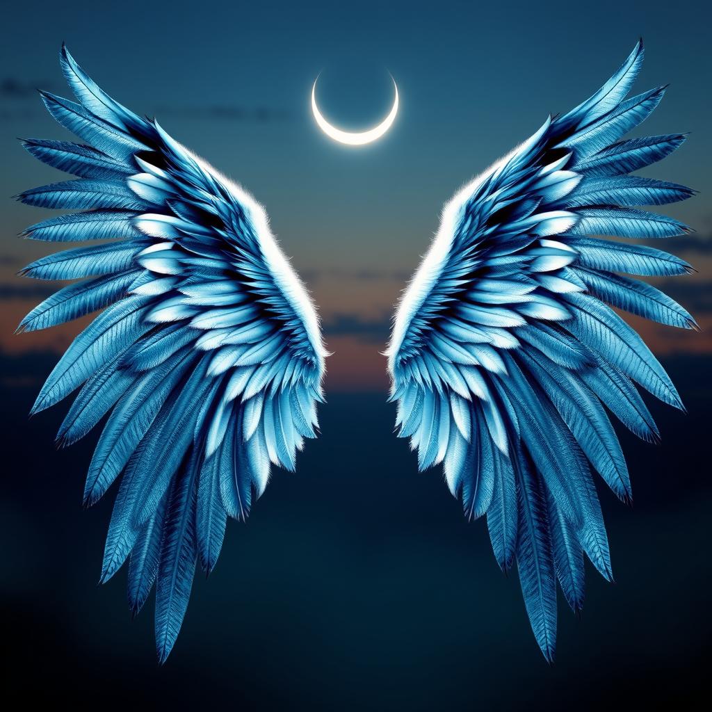 A breathtaking set of angel wings themed around shadow and moonlight, featuring intricate feather textures resembling the night sky with shades of deep blue and silver