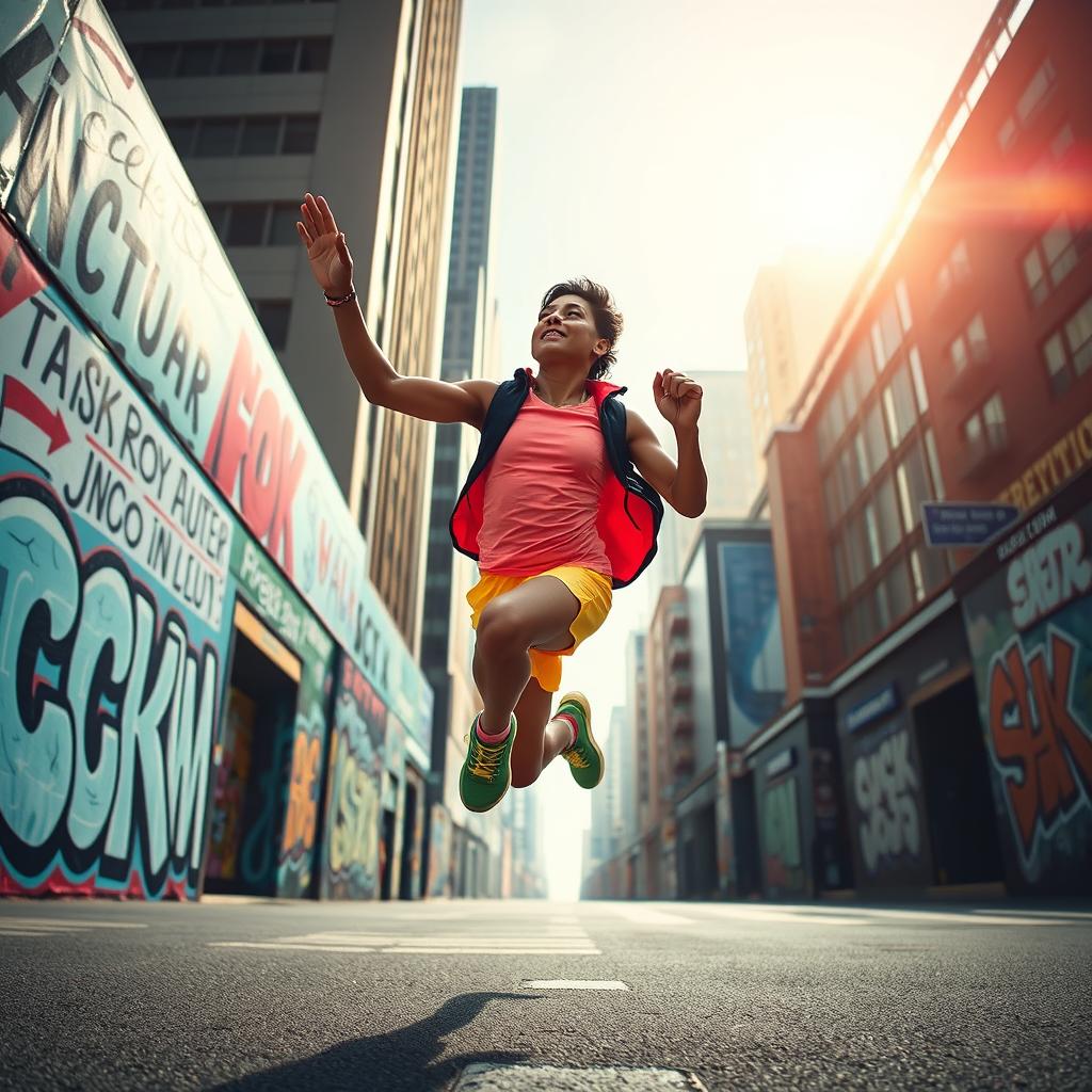A dynamic scene depicting a powerful and inspiring kickstart moment, showcasing a person energetically launching themselves into a new adventure