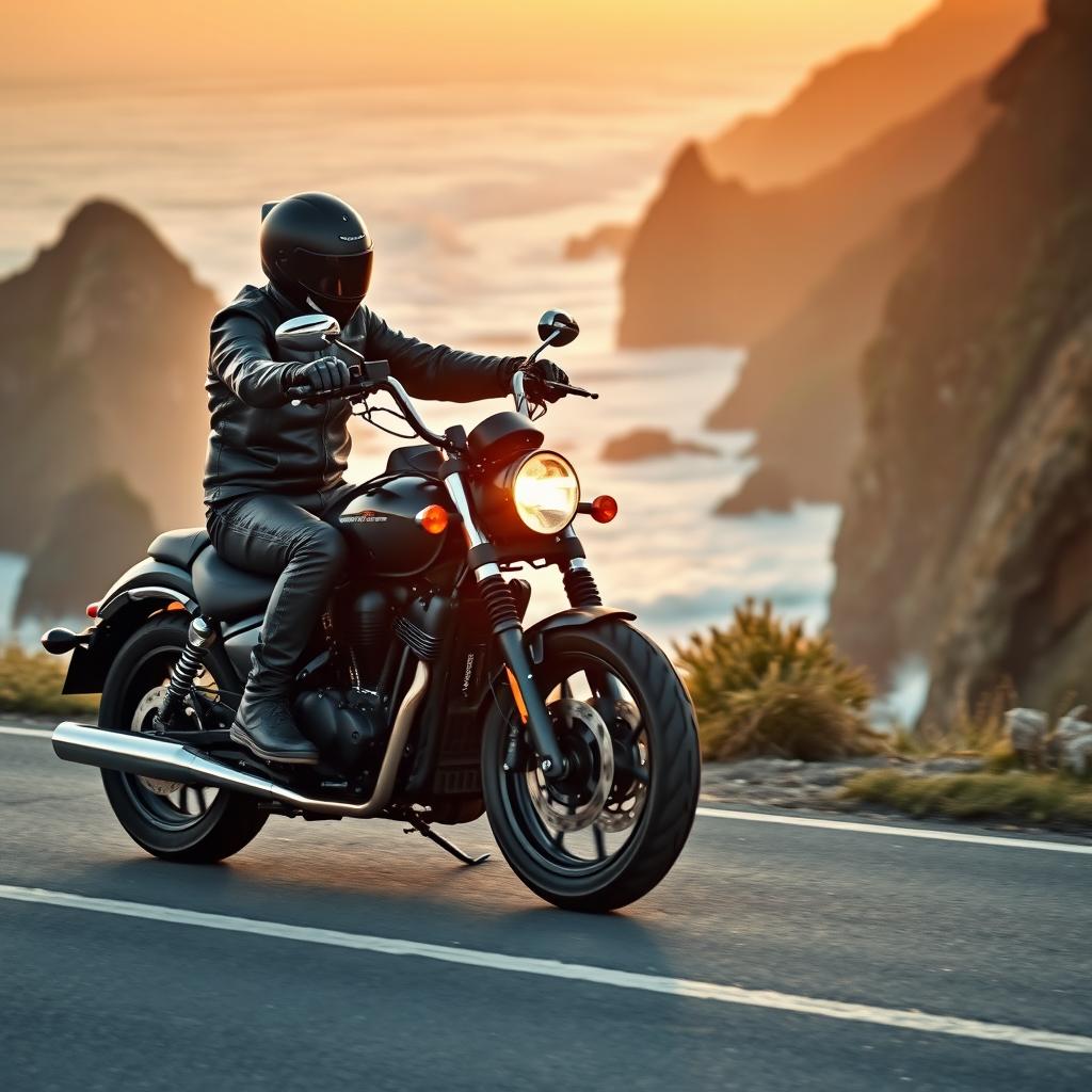An exhilarating scene featuring a powerful motorcycle being kickstarted, showcasing a skilled rider in stylish leather gear revving up the engine